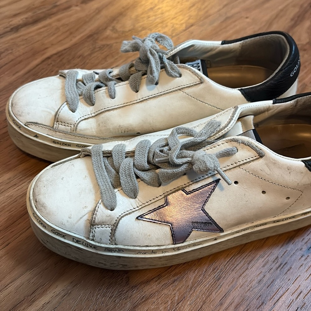 Golden Goose White and Purple Star Sneakers